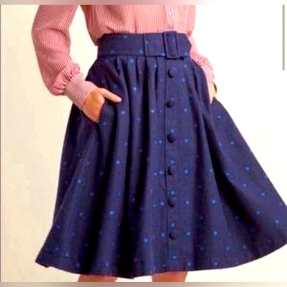 Modcloth Dresses & Skirts - ModCloth Blue Polka Dot Print Wool Blend Pleated Knee Length Skirt Size Medium